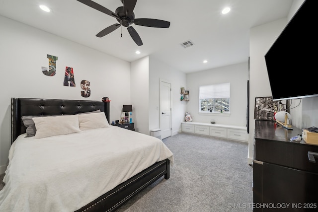 carpeted bedroom featuring ceiling fan