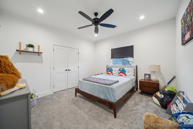 2508 E 16th St, Tulsa, OK 74104 - bedroom with carpet floors, recessed lighting, ceiling fan, and a closet