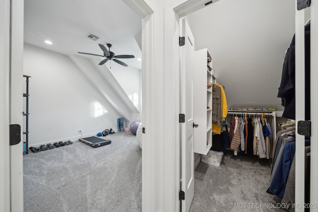 2508 E 16th St, Tulsa, OK 74104 - walk in closet featuring carpet flooring, ceiling fan, and lofted ceiling