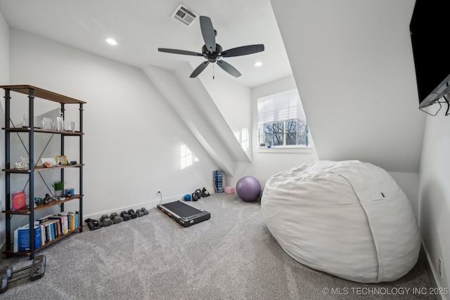 workout room with carpet floors and ceiling fan