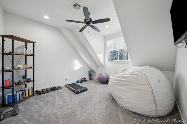 2508 E 16th St, Tulsa, OK 74104 - workout area featuring a ceiling fan, carpet floors, recessed lighting, and baseboards