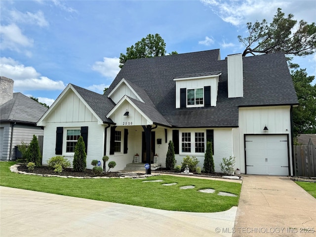 2508 E 16th St, Tulsa, OK 74104 - modern farmhouse style home with board and batten siding, concrete driveway, a garage, a shingled roof, and brick siding