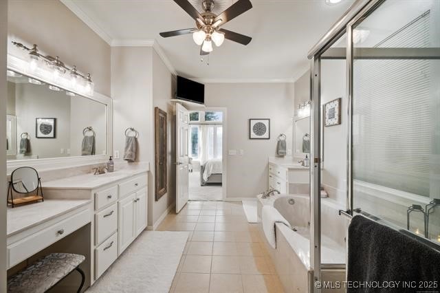 bathroom featuring shower with separate bathtub, vanity, ceiling fan, crown molding, and tile patterned floors