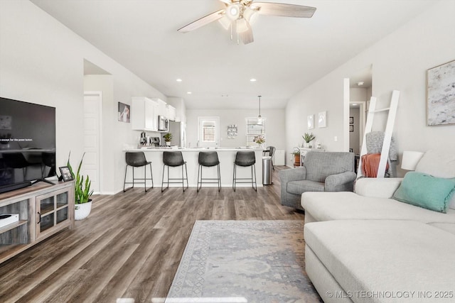 living room featuring hardwood / wood-style flooring and ceiling fan