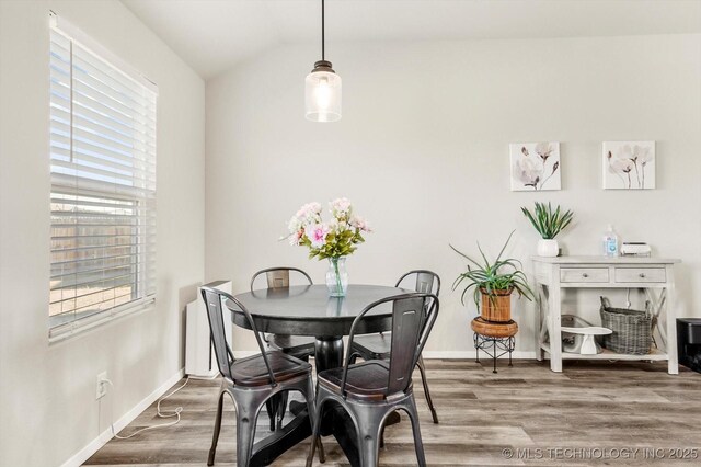 dining area with hardwood / wood-style flooring, lofted ceiling, and a wealth of natural light