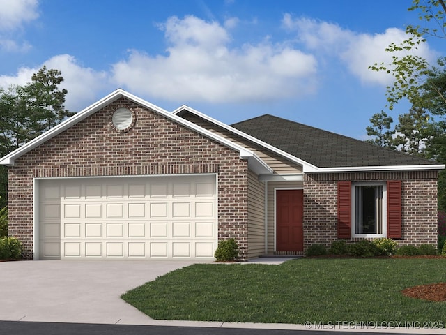 view of front of house featuring a garage and a front lawn