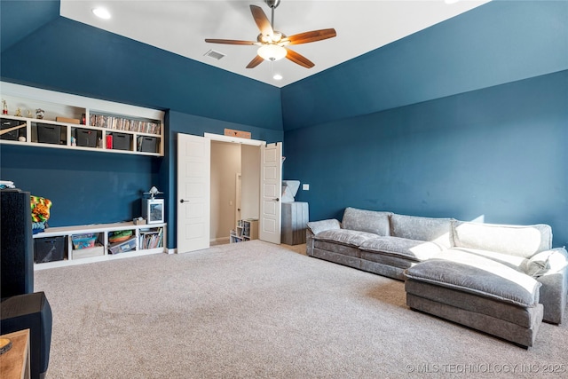 living room featuring carpet, high vaulted ceiling, and ceiling fan