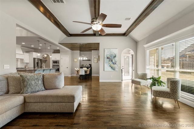 living room featuring sink, dark wood-type flooring, beamed ceiling, and ceiling fan