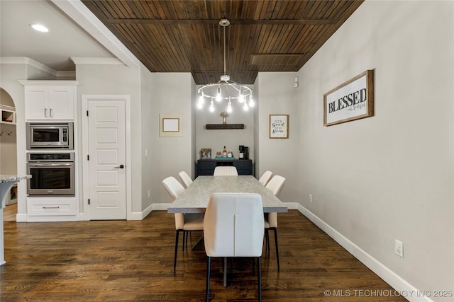 dining area with wooden ceiling and dark hardwood / wood-style flooring