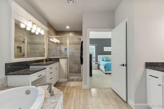 bathroom featuring vanity and separate shower and tub