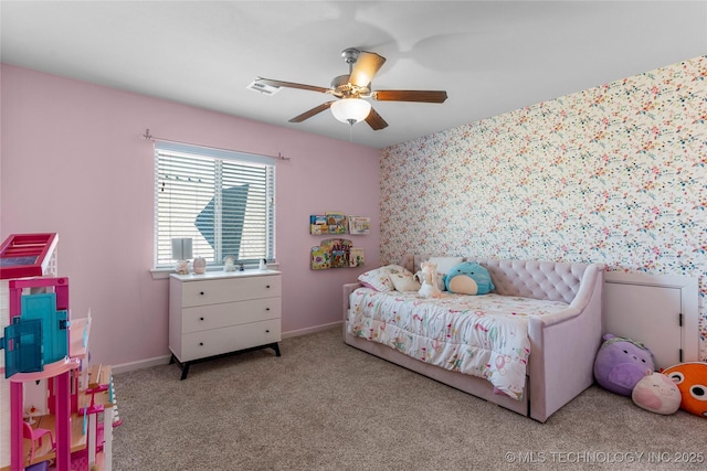 bedroom featuring light carpet and ceiling fan