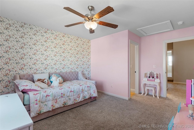 bedroom with light carpet and ceiling fan