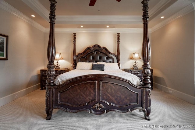 carpeted bedroom featuring ornamental molding and ceiling fan