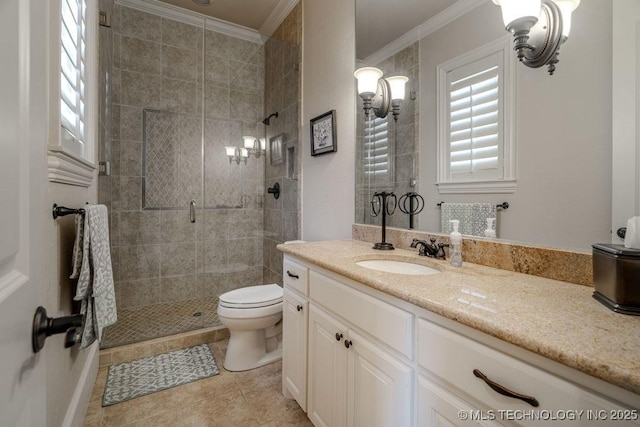 bathroom featuring walk in shower, toilet, crown molding, vanity, and tile patterned flooring