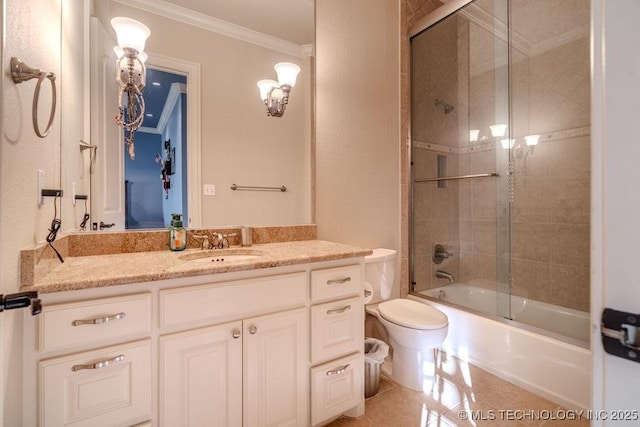 full bathroom featuring shower / bath combination with glass door, tile patterned flooring, vanity, ornamental molding, and toilet