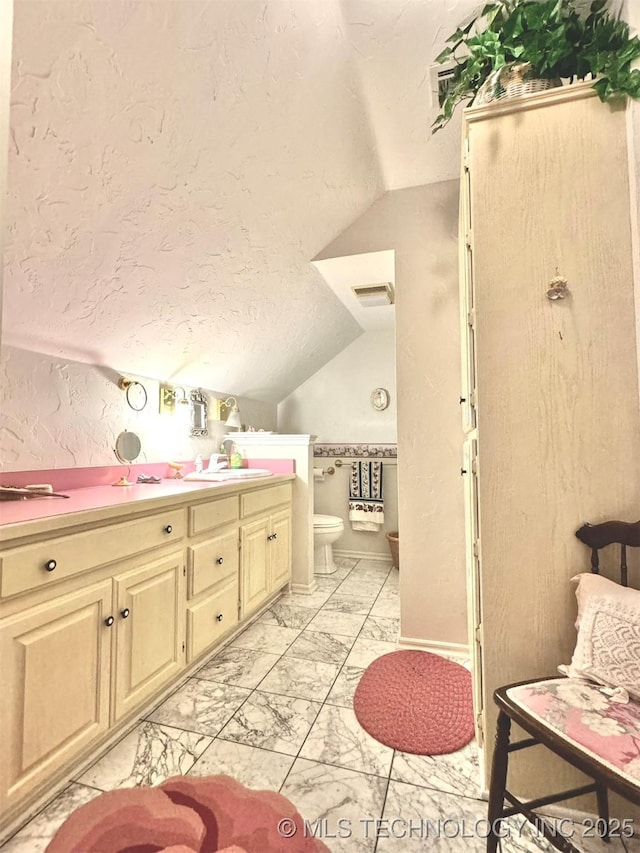 bathroom with lofted ceiling, vanity, toilet, and a textured ceiling