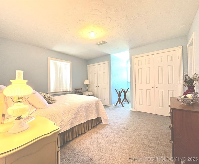 bedroom featuring multiple closets, carpet, and a textured ceiling