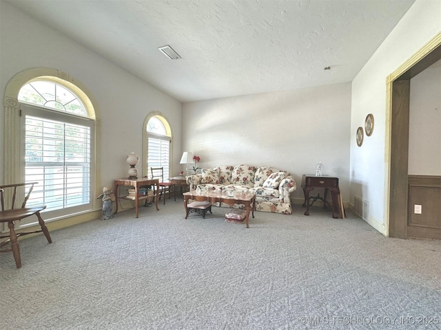 living room featuring lofted ceiling, carpet flooring, and a textured ceiling