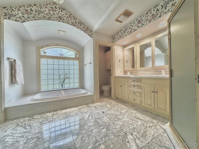 full bathroom featuring lofted ceiling, vanity, a textured ceiling, independent shower and bath, and toilet