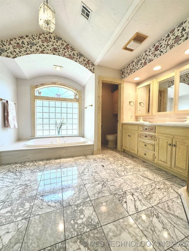 bathroom with toilet, vaulted ceiling, a textured ceiling, vanity, and a tub