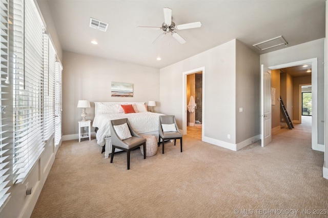 carpeted bedroom featuring ceiling fan