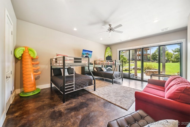 bedroom featuring access to exterior and ceiling fan