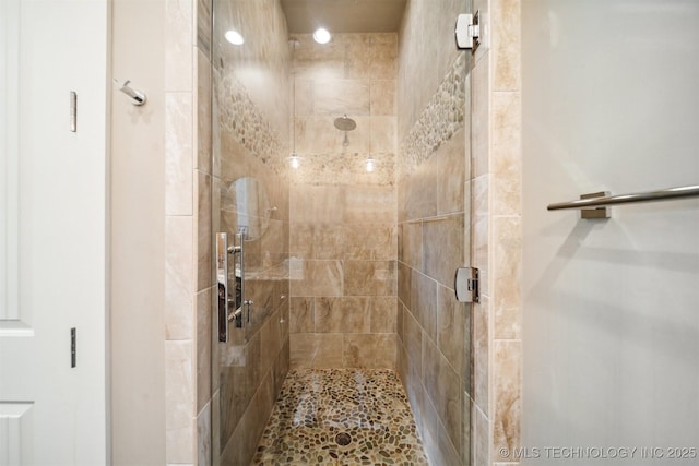 bathroom featuring a shower with shower door