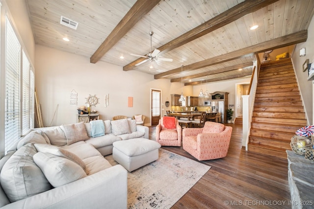 living room featuring dark hardwood / wood-style floors, ceiling fan, beam ceiling, and wooden ceiling