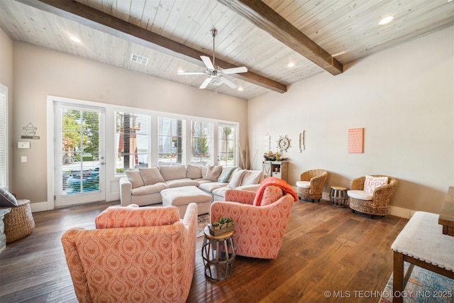 living room with dark wood-type flooring, ceiling fan, wood ceiling, and beam ceiling