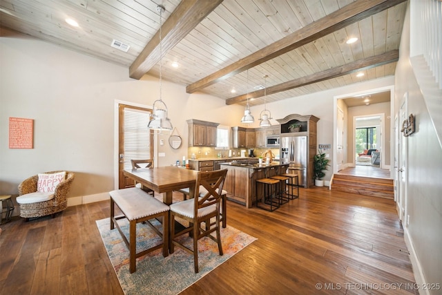 dining space with beamed ceiling, dark wood-type flooring, and wooden ceiling