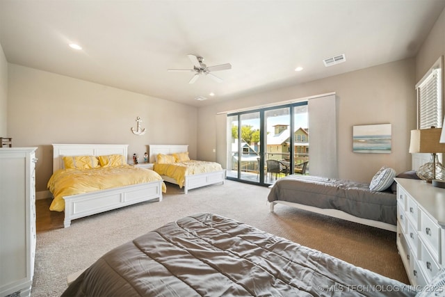 bedroom featuring access to exterior, light colored carpet, and ceiling fan