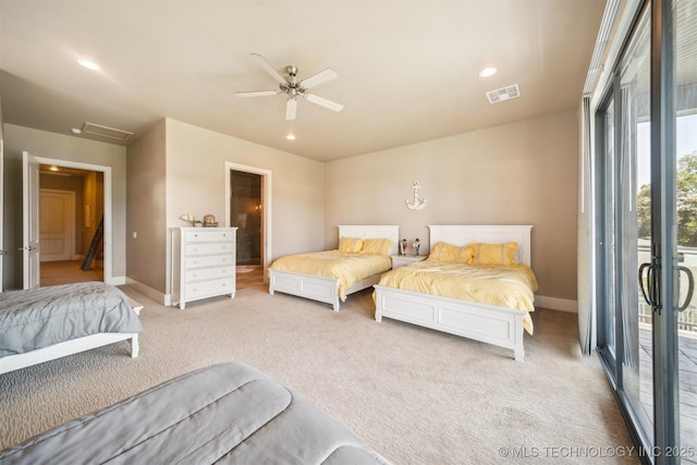 bedroom with light carpet, access to exterior, and ceiling fan