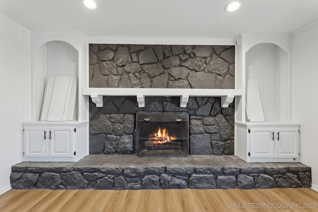 room details featuring wood-type flooring and a fireplace