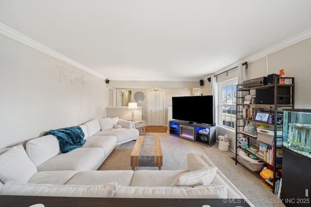 carpeted living area with ornamental molding