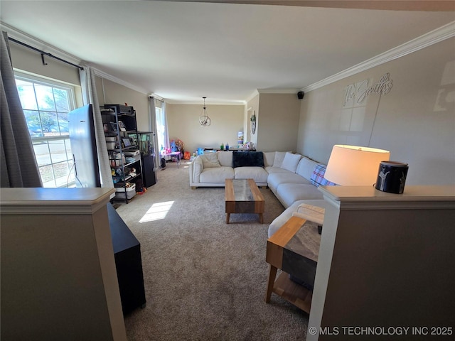 living room with crown molding, carpet, and a healthy amount of sunlight