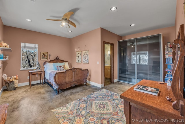 bedroom with ceiling fan, a closet, concrete floors, and access to outside