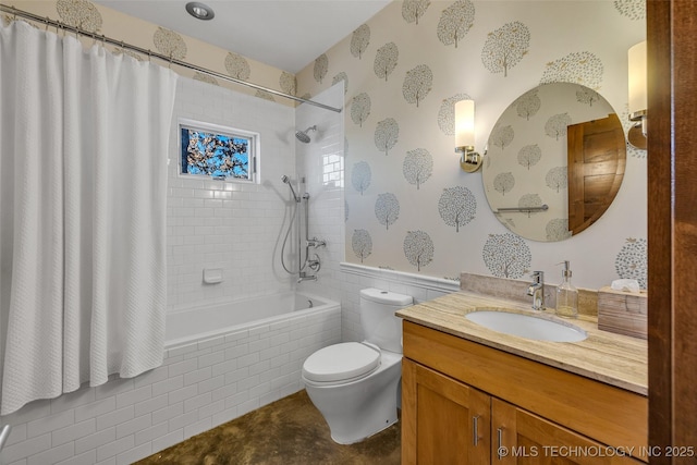 full bathroom with shower / bath combination with curtain, vanity, and toilet