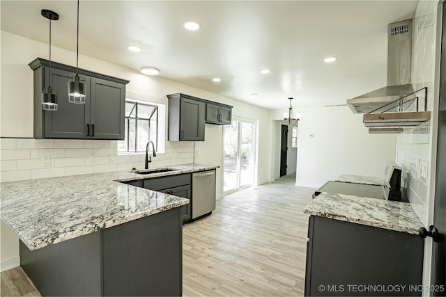 kitchen featuring pendant lighting, island range hood, dishwasher, sink, and gray cabinetry