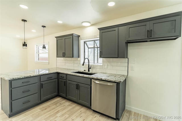 kitchen with pendant lighting, sink, dishwasher, gray cabinetry, and tasteful backsplash
