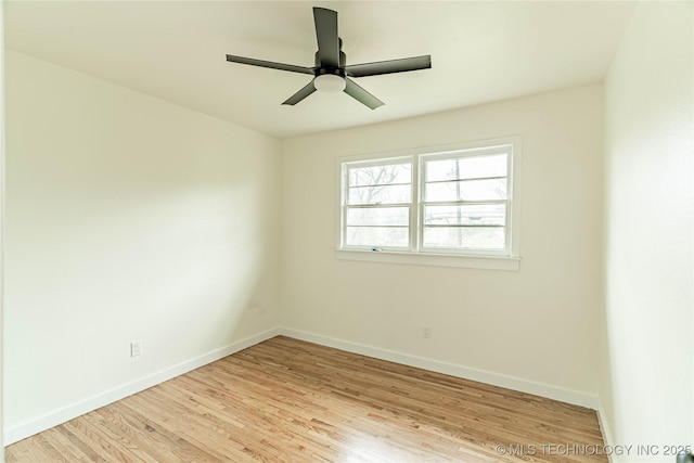 empty room with light hardwood / wood-style floors and ceiling fan