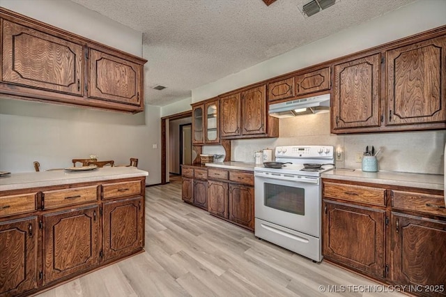 kitchen featuring light wood-type flooring, a textured ceiling, and white electric range oven