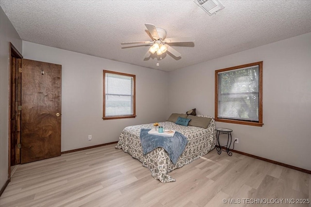 bedroom featuring ceiling fan, a textured ceiling, and light hardwood / wood-style flooring