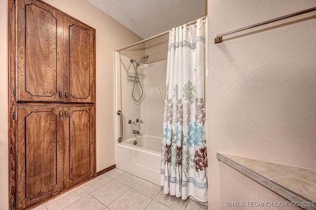 bathroom with shower / bathtub combination with curtain, tile patterned flooring, and a textured ceiling