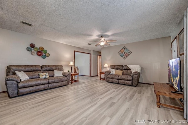 living room with ceiling fan, light hardwood / wood-style floors, and a textured ceiling