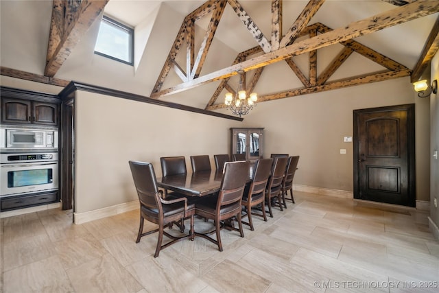 dining area with beamed ceiling, a chandelier, and high vaulted ceiling