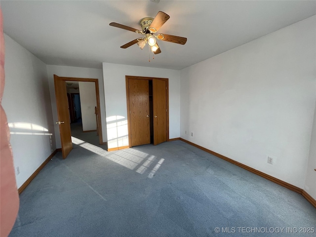 unfurnished bedroom featuring a closet, light carpet, and baseboards