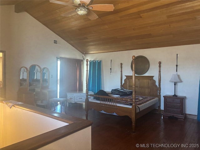 bedroom with wood ceiling, ceiling fan, wood-type flooring, and vaulted ceiling