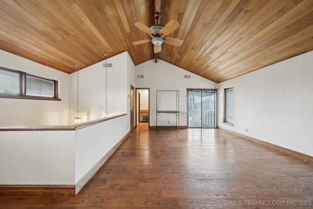 spare room featuring wood-type flooring, baseboards, wooden ceiling, and a ceiling fan