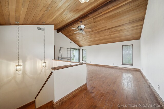 unfurnished living room featuring baseboards, a ceiling fan, visible vents, hardwood / wood-style floors, and wood ceiling