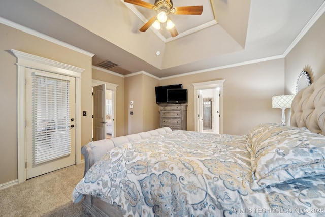 carpeted bedroom featuring a tray ceiling, access to outside, ornamental molding, and ceiling fan